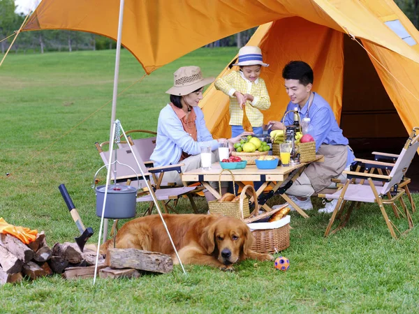 Happy family of three and pet dog cooking outdoors — Stock Photo, Image