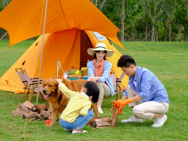 Família feliz de três e cão acampar fora — Fotografia de Stock