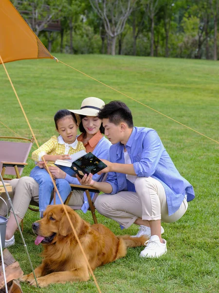 Famiglia felice di tre persone e cane da compagnia che legge fuori — Foto Stock