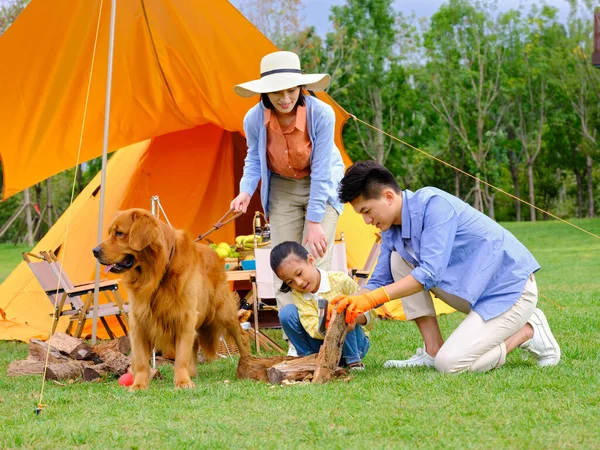 Heureuse famille de trois et chien campant dehors — Photo