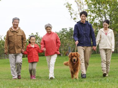 Mutlu beş kişilik bir aile ve parkta yürüyen evcil bir köpek.