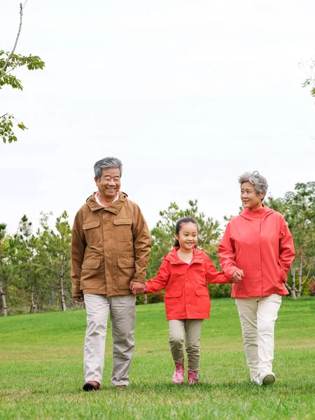 Avós e netos felizes andando no parque — Fotografia de Stock