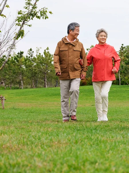 Счастливая старая пара, гуляющая по парку — стоковое фото