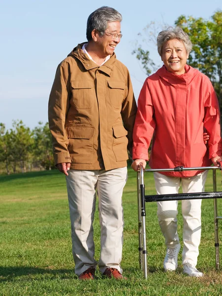 Happy old couple walking in the park — Stock Photo, Image