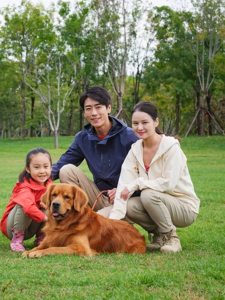 Família feliz de três e cão de estimação brincando no parque — Fotografia de Stock