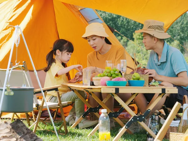 Μια ευτυχισμένη οικογένεια τριών παιδιών που κάνουν πικ-νικ έξω. — Φωτογραφία Αρχείου