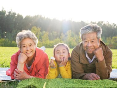 Happy grandparents and grandchildren take a group photo in the park clipart