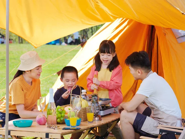 Una familia feliz de cuatro teniendo un picnic al aire libre —  Fotos de Stock