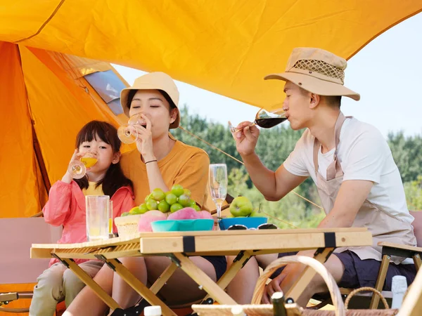 Egy boldog háromtagú család piknikezik a szabadban. — Stock Fotó