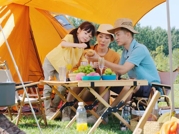 一个快乐的三口之家在户外野餐 — 图库照片