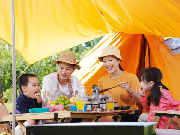 네 식구로 이루어진 행복 한 가족 이 야외에서 소풍을 갔다 — 스톡 사진