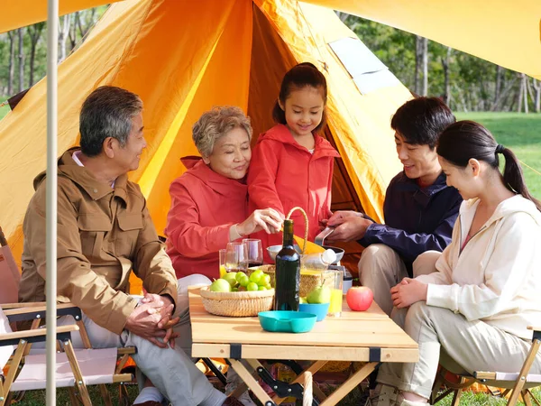 Eine glückliche fünfköpfige Familie beim Picknick im Freien — Stockfoto