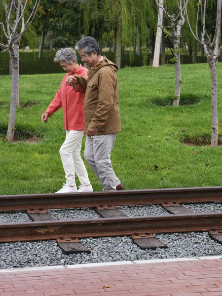 Feliz casal velho andando fora — Fotografia de Stock