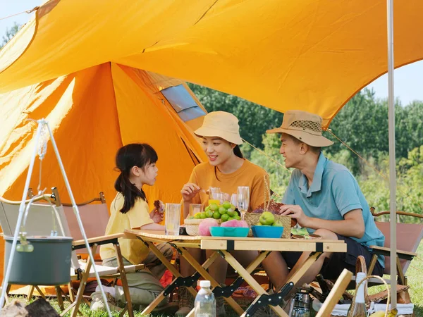 Egy boldog háromtagú család piknikezik a szabadban. — Stock Fotó