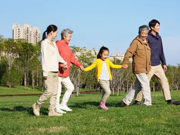 Szczęśliwa pięcioosobowa rodzina spacerująca po parku. — Zdjęcie stockowe