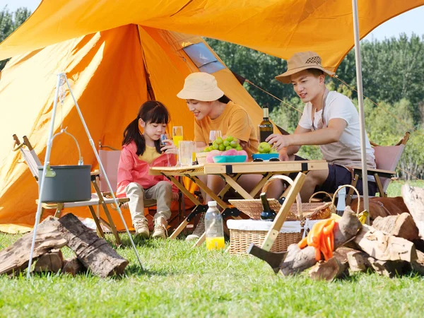 Üç kişilik mutlu bir aile dışarıda piknik yapıyor. — Stok fotoğraf