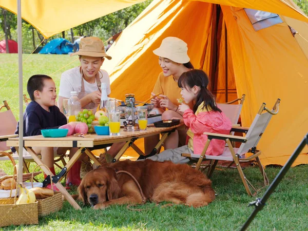 Ευτυχισμένη οικογένεια των τεσσάρων και κατοικίδιο ζώο σκυλί έχουν ένα πικ-νικ σε εξωτερικούς χώρους — Φωτογραφία Αρχείου