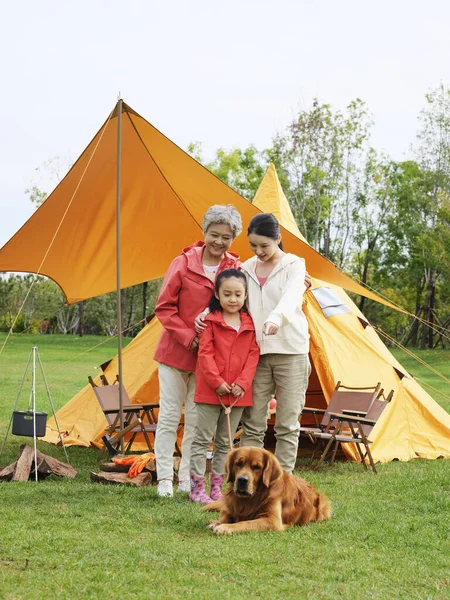 Felices abuelos y nietos toman una foto de grupo con su perro mascota al aire libre —  Fotos de Stock