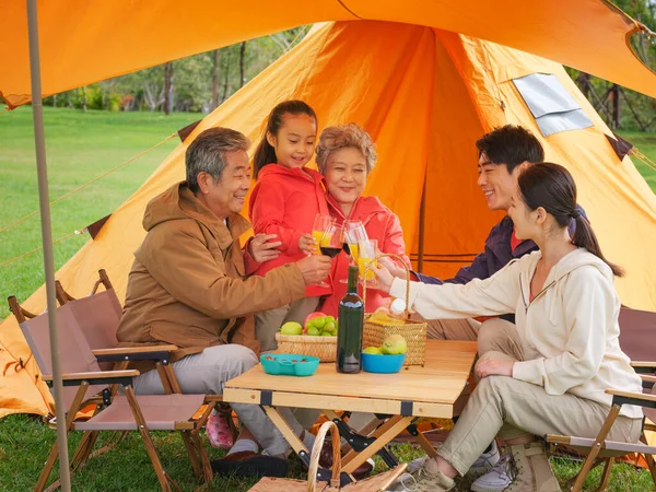 Egy öt tagú boldog család piknikezik a szabadban. — Stock Fotó
