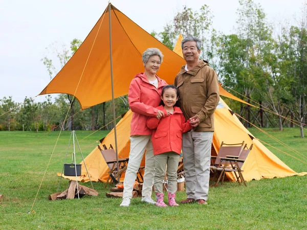 Heureux grands-parents et petits-enfants prennent une photo de groupe à l'extérieur — Photo