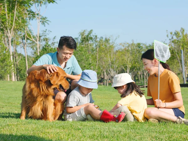 Família feliz de quatro e cão de estimação brincando no parque — Fotografia de Stock