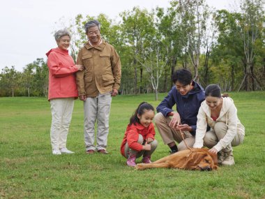 Mutlu beş kişilik bir aile ve parkta oynayan bir köpek.