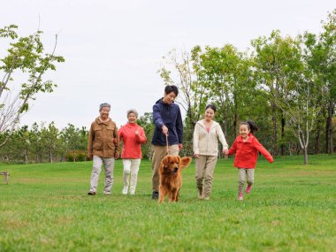 Mutlu beş kişilik bir aile ve parkta yürüyen evcil bir köpek.