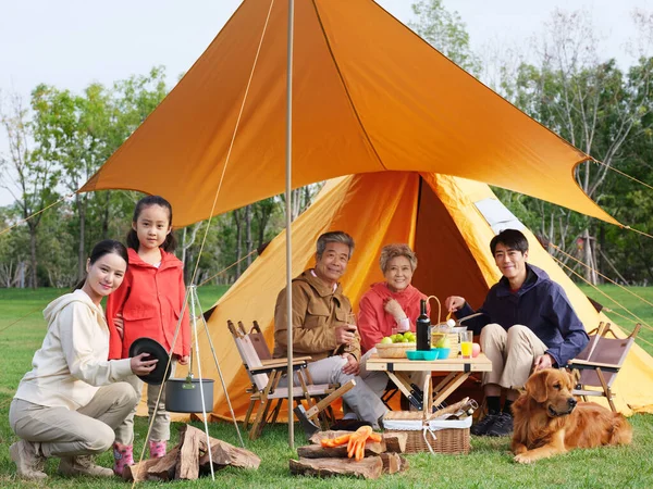 Familia feliz de cinco y perro mascota tienen un picnic al aire libre —  Fotos de Stock
