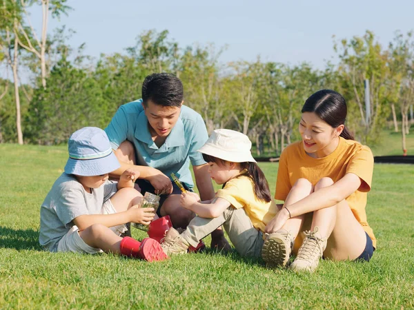 Família feliz de quatro brincando no parque — Fotografia de Stock