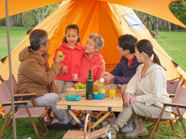 Una famiglia felice di cinque persone che fa un picnic all'aperto — Foto Stock