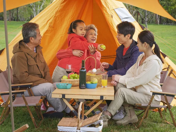 Una famiglia felice di cinque persone che fa un picnic all'aperto — Foto Stock