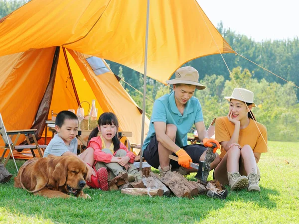 Familia feliz de cuatro y perro acampando — Foto de Stock
