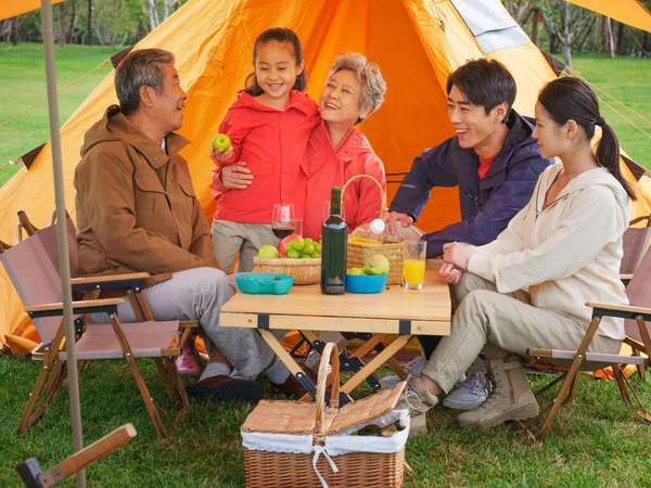 Une famille heureuse de cinq personnes qui pique-nique à l'extérieur — Photo