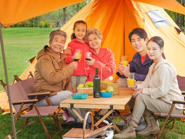 一个快乐的五口之家在户外野餐 — 图库照片