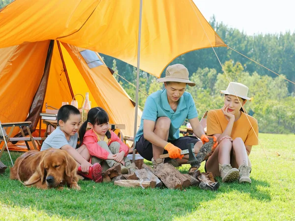 快乐的四口之家和狗在外面露营 — 图库照片