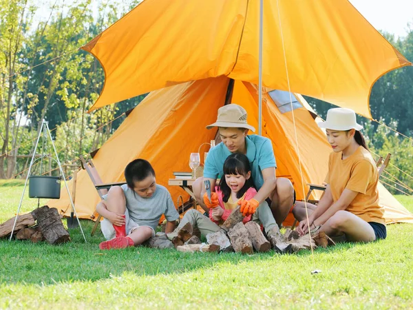 Una famiglia felice di quattro campeggi all'aperto — Foto Stock