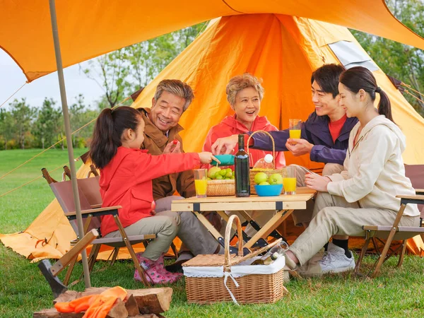 Счастливая семья из пяти человек устраивает пикник на открытом воздухе — стоковое фото