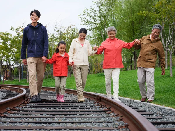 Una familia feliz de cinco caminando al aire libre —  Fotos de Stock