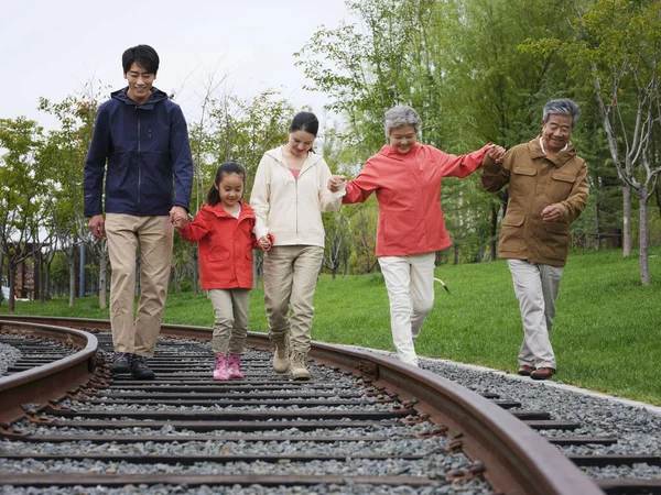 Щаслива сім'я з п'яти ходьби на відкритому повітрі — стокове фото