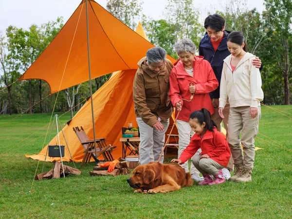 Šťastná rodina pěti a mazlíček pes na venkovní fotce — Stock fotografie