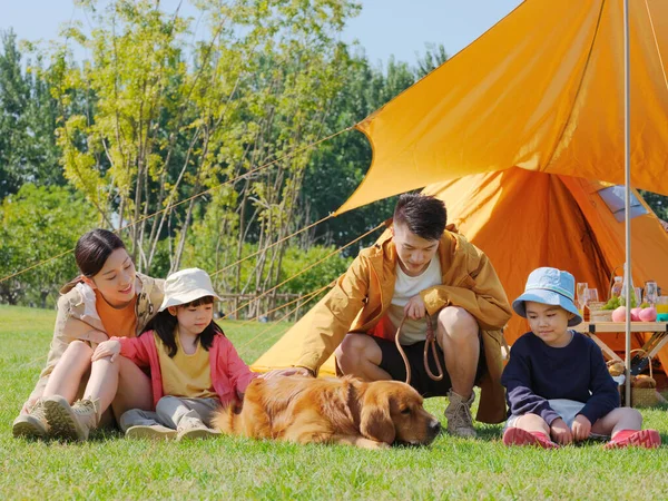Boldog család négy és kisállat kutya a parkban — Stock Fotó