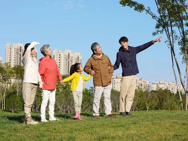 Szczęśliwa rodzina pięciorga patrząc na krajobraz w parku — Zdjęcie stockowe