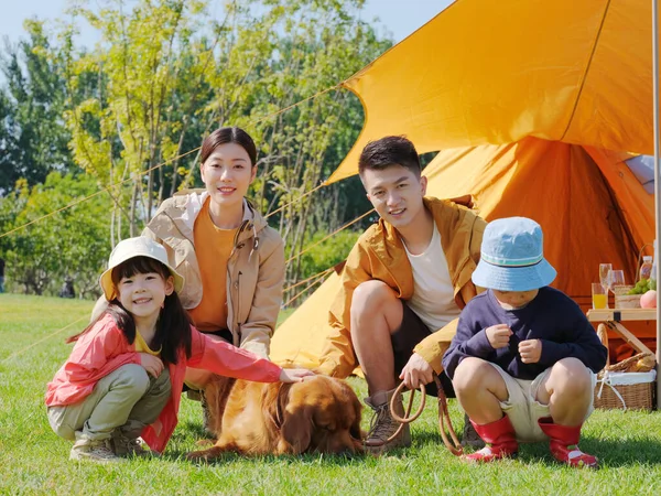 Familia feliz de cuatro y perro mascota en el parque — Foto de Stock