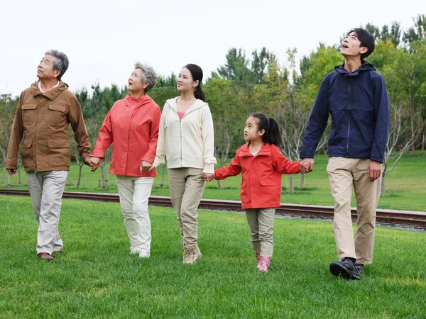 Щаслива сім'я з п'яти ходьби на відкритому повітрі — стокове фото