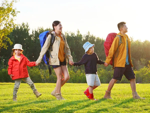 Una famiglia felice di quattro escursioni all'aperto — Foto Stock