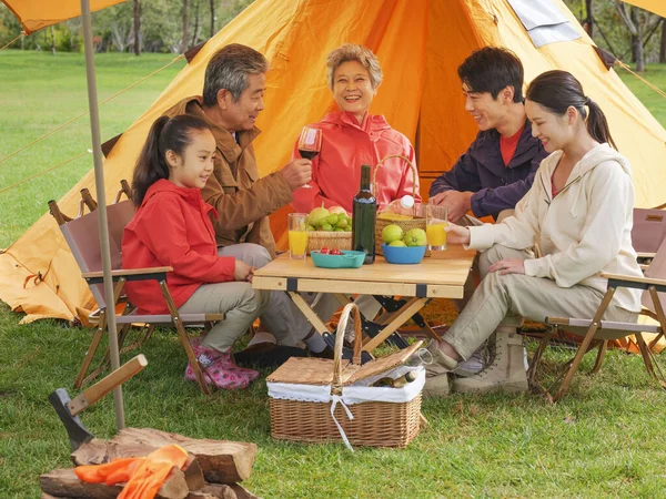 Une famille heureuse de cinq personnes qui pique-nique à l'extérieur — Photo