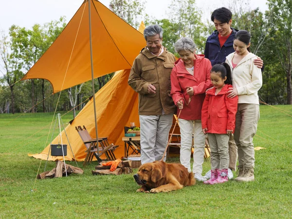 Familia feliz de cinco y perro mascota en la foto al aire libre —  Fotos de Stock