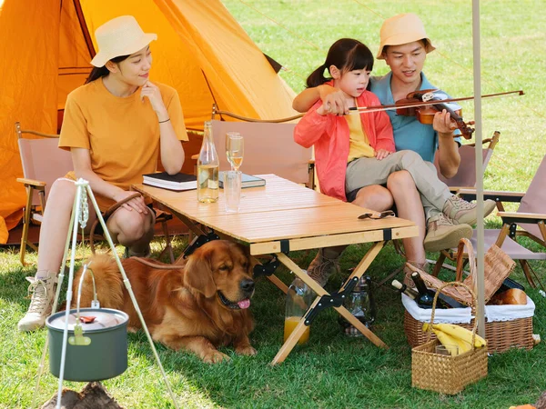 Joyeux famille de trois et chien de compagnie jouant du violon à l'extérieur — Photo