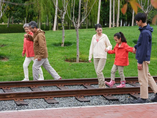 Uma família feliz de cinco caminhando ao ar livre — Fotografia de Stock