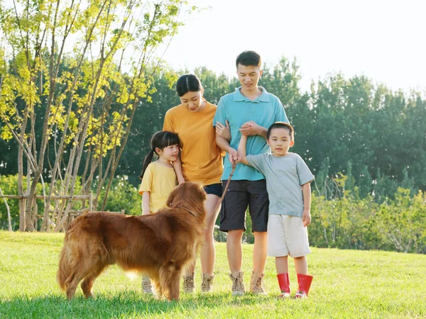 Joyeux famille de quatre et chien de compagnie dans le parc — Photo